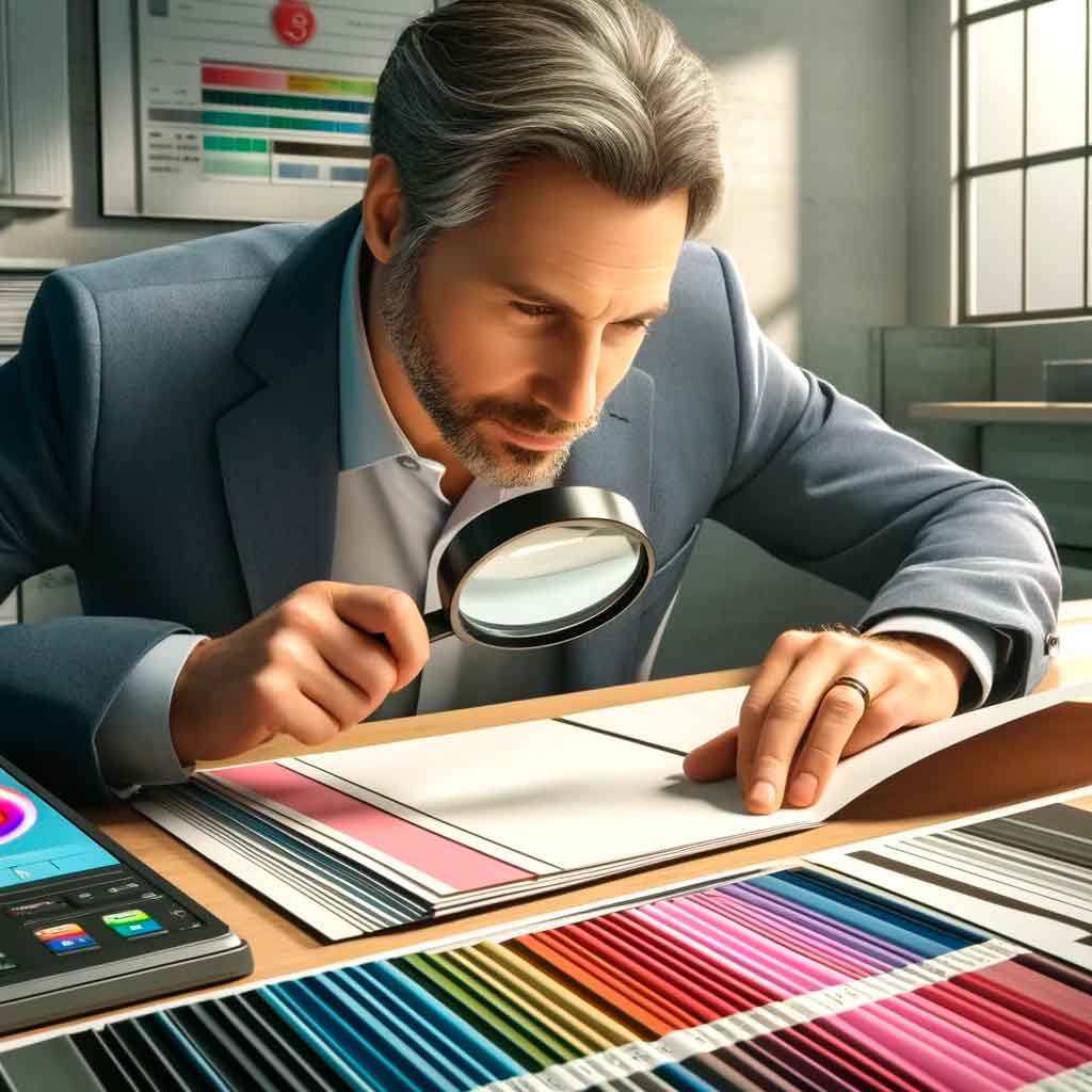 Errores Comunes al Elegir Papel para Impresión y Cómo Evitarlos Errores al escoger el papel de impresion Errores al Elegir Papel para Impresión Hombre examinando muestras de papel con lupa en un escritorio de diseño gráfico