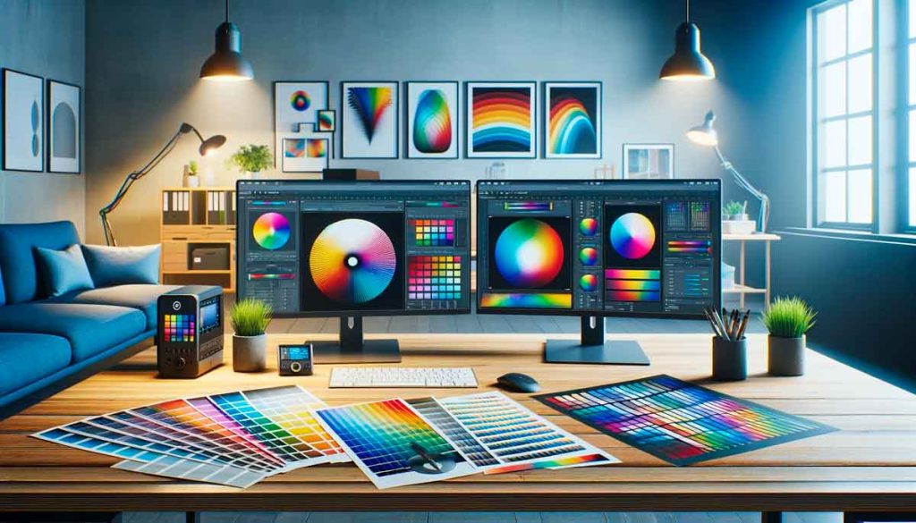 Espacio de trabajo digital con perfiles ICC en monitores y herramientas de calibración de color.