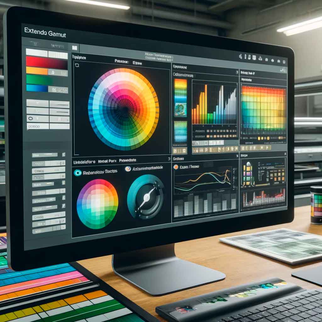 Software de gestión de color mostrando perfiles de gama extendida.