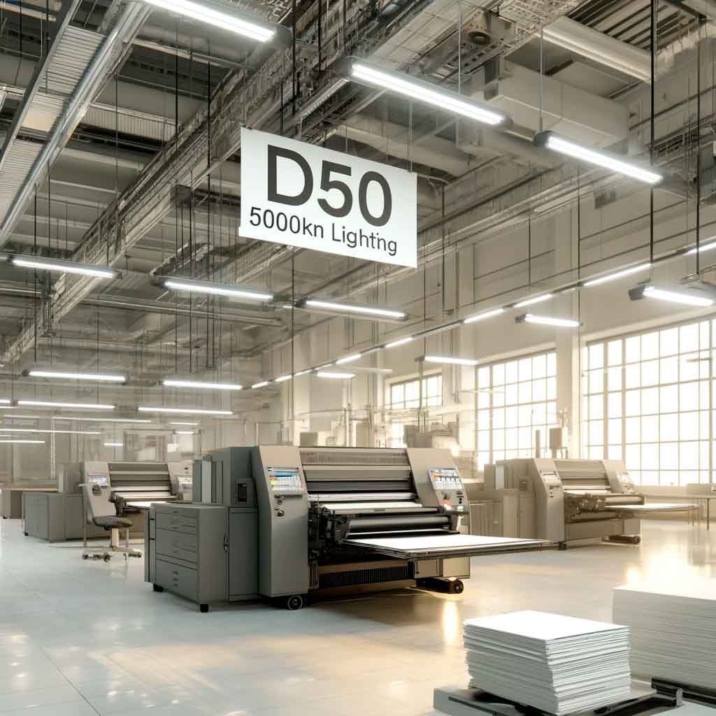 Ambiente de impresión moderno bajo iluminación D50 que simula la luz del día.