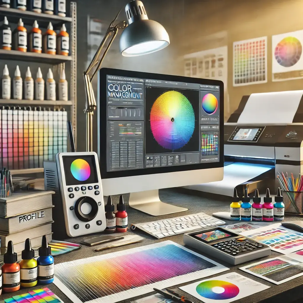 Espacio de trabajo profesional de gestión de color en imprenta.