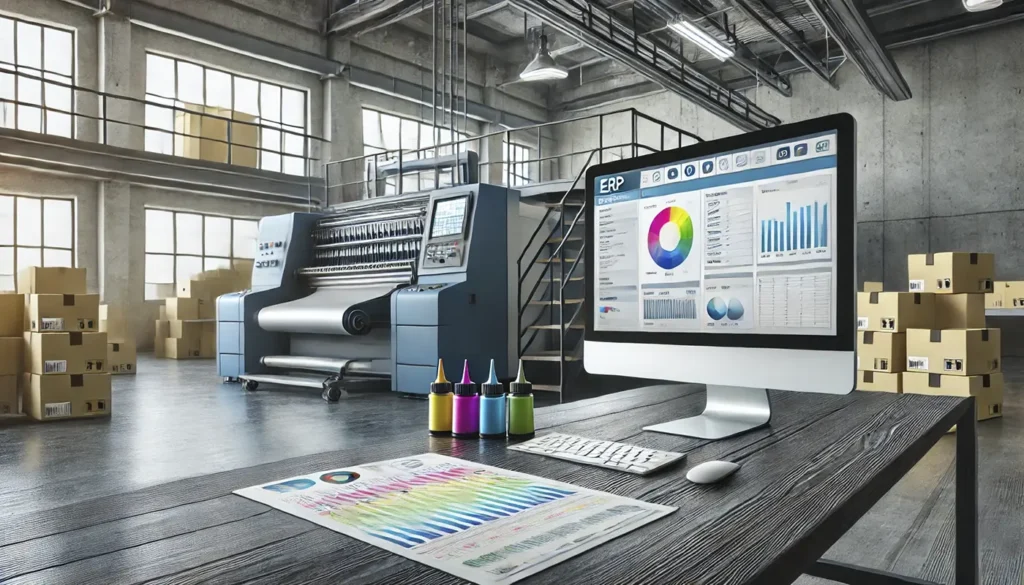 ERP para imprentas y proceso de impresión offset - Integración tecnológica Ordenador mostrando un ERP y prensa de impresión offset en acción en una imprenta
