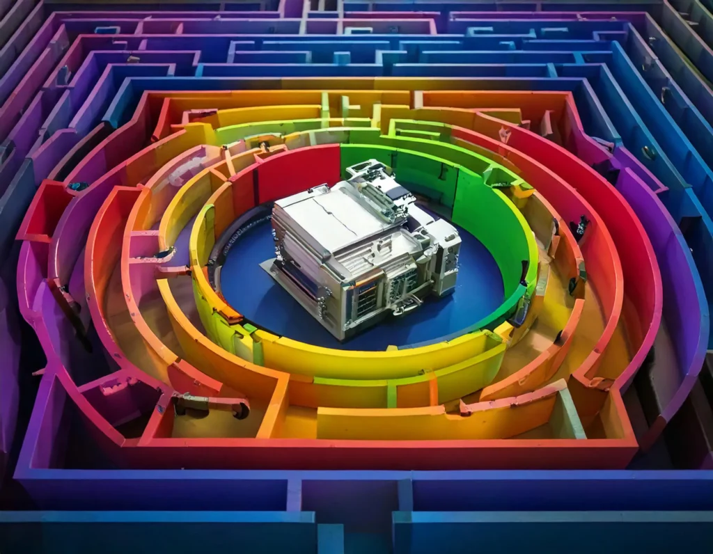 Gestión de Color en Imprenta: Navegando los Nuevos Métodos de Medición lustración vectorial de un impresor navegando un laberinto de gestión de color en imprenta, con caminos etiquetados M0, M1, M2, M3 y D50noUV