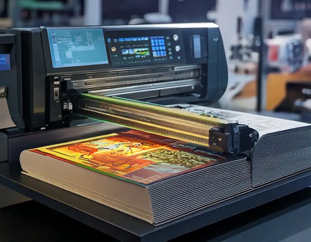 Máquina de Impresión Digital de Cantos en Acción Prensa digital de última generación imprimiendo el canto de un libro con precisión y calidad