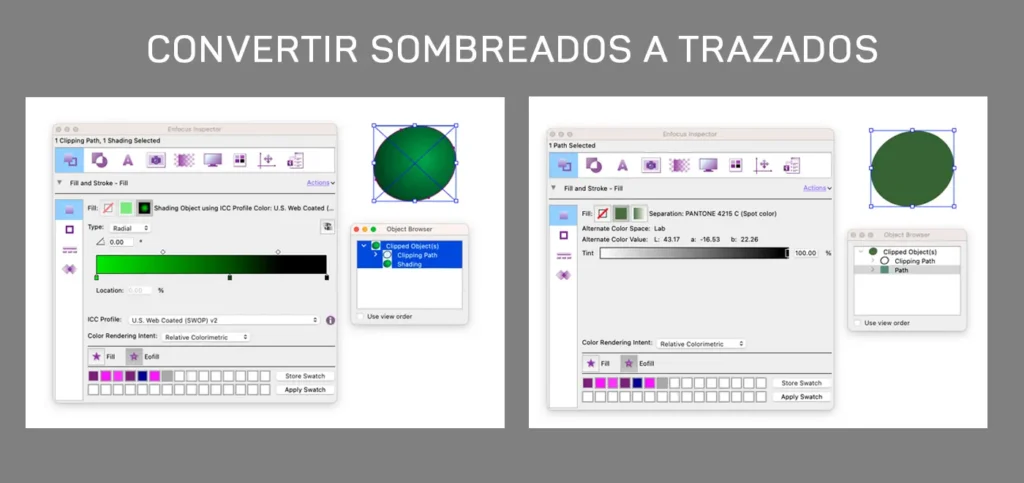 Convertir Sombreados a Trazados en Enfocus PitStop 25 Pantallas de Enfocus PitStop 25 mostrando la conversión de un sombreado a un trazado para su posterior edición