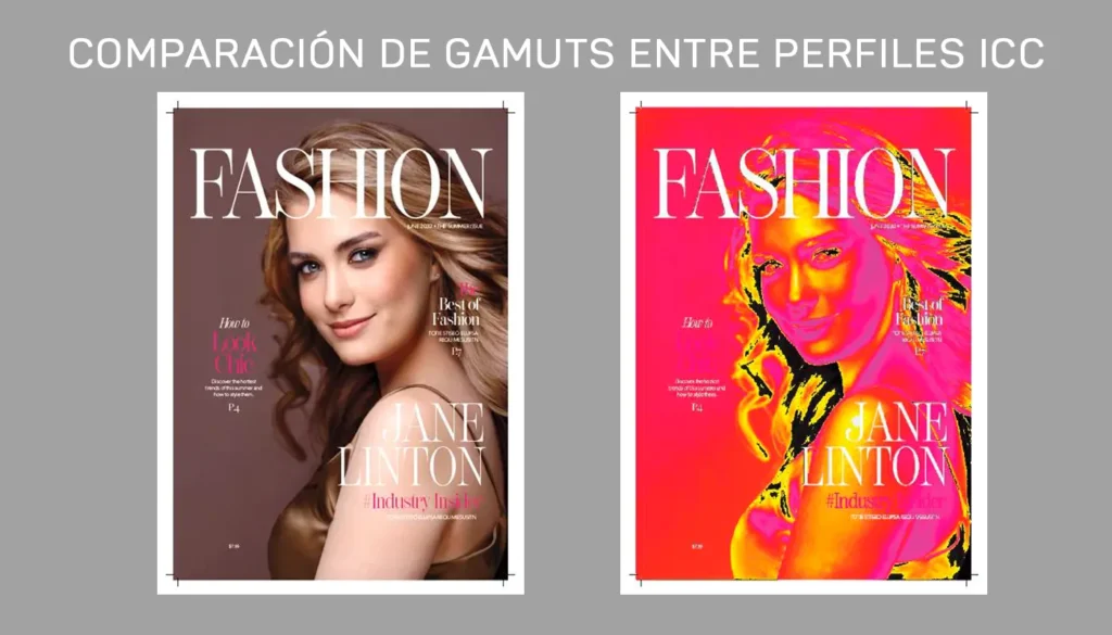 Comparación de Gamuts entre Perfiles ICC en Enfocus PitStop 25 Comparación de gamuts entre perfiles ICC en Enfocus PitStop 25 mostrando diferencias de color en la portada de una revista